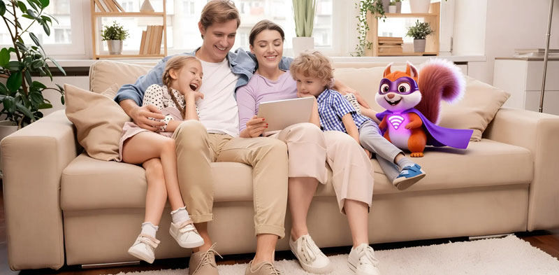 Family using connected devices at home with the Choice Broadband mascot