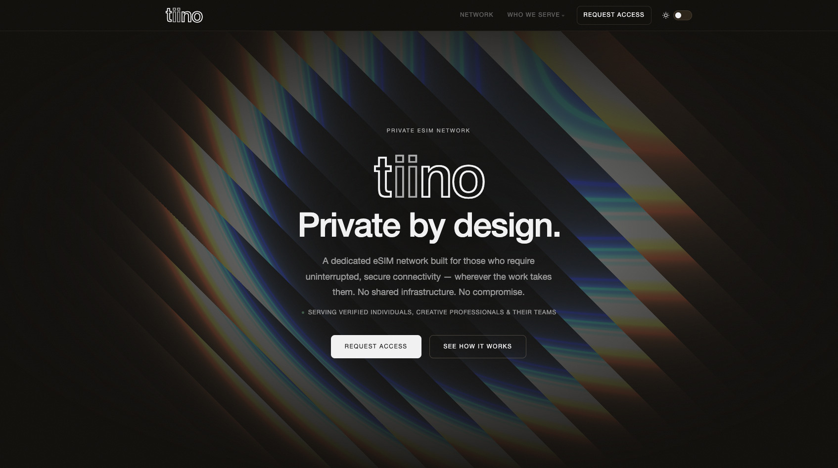 Tiino website homepage showing Private by design positioning